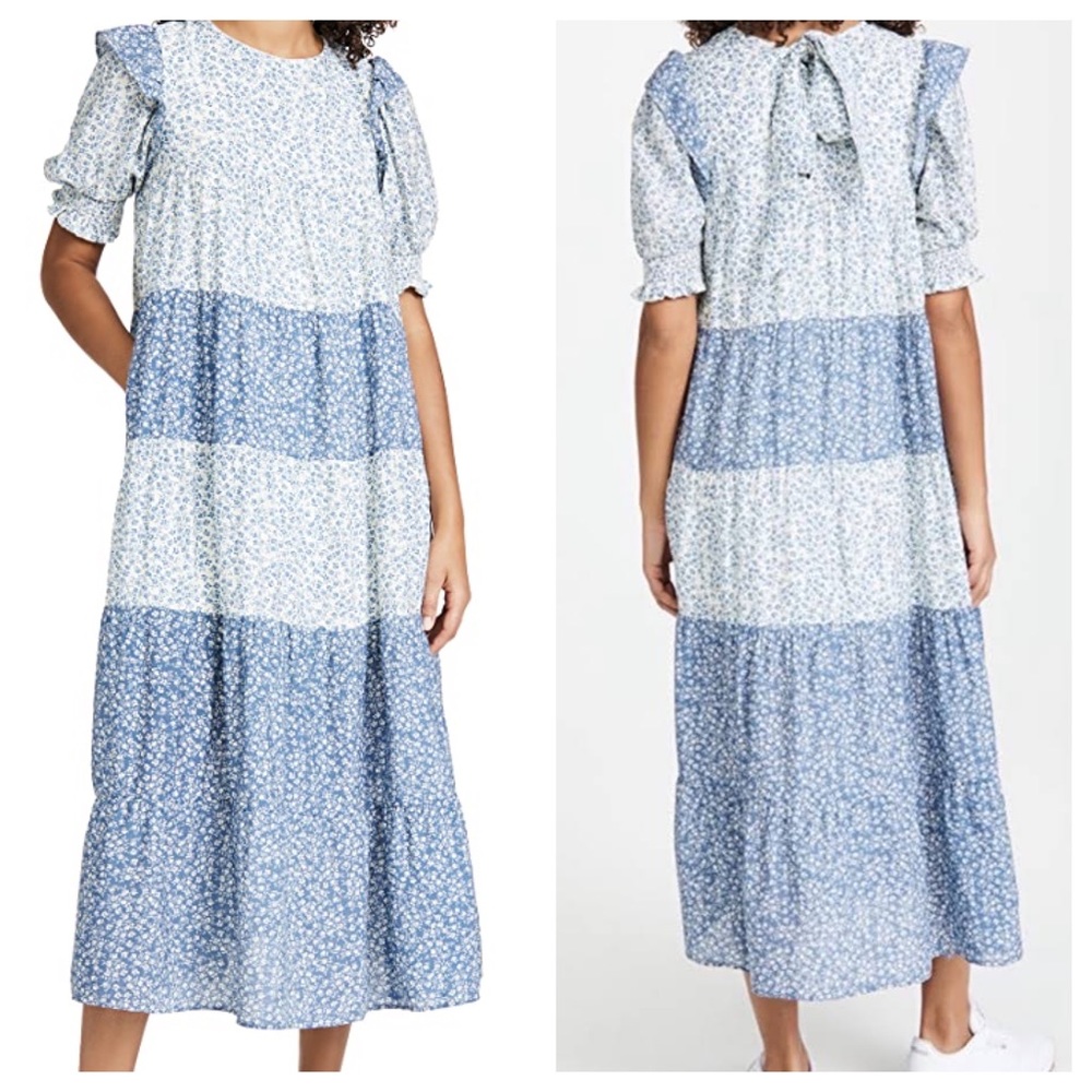 Blue + White Floral Tiered Midi Dress